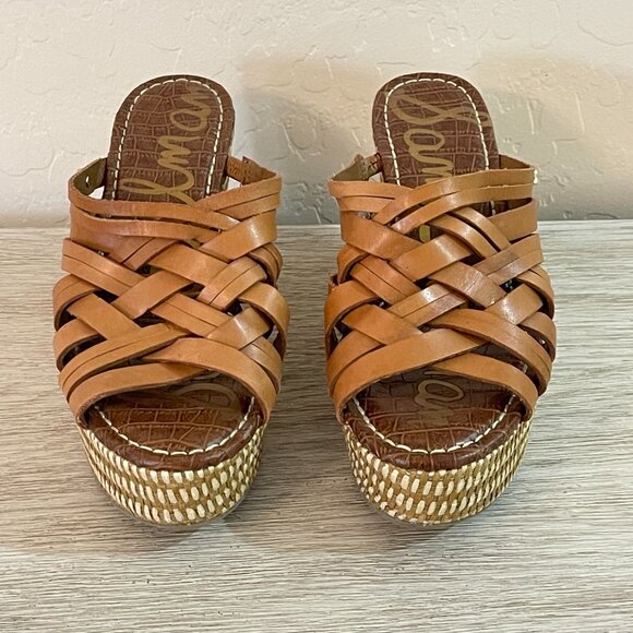 Sam Edelman Sandals Devon 6.5 Tan Leather Woven Platform Wedge Slides - Picture 3 of 12